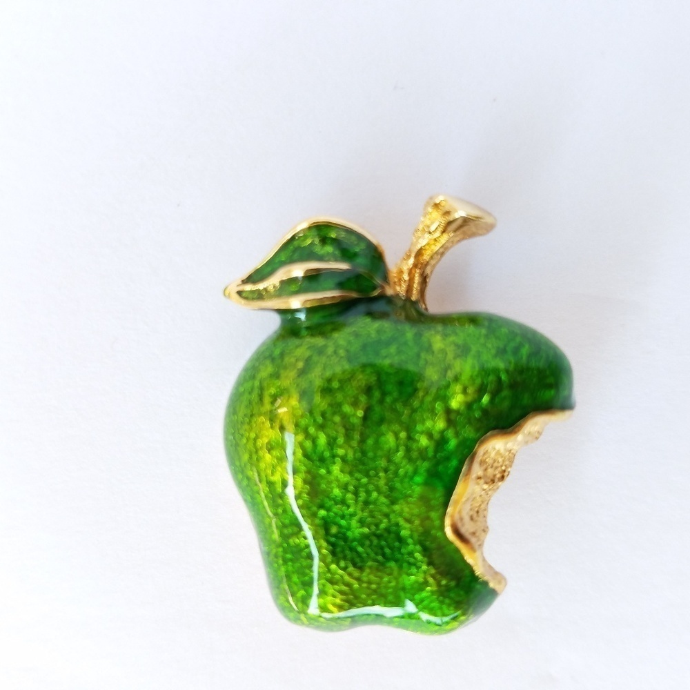 Granny Smith Apple Brooch  (Vintage) Green Bitten Apple